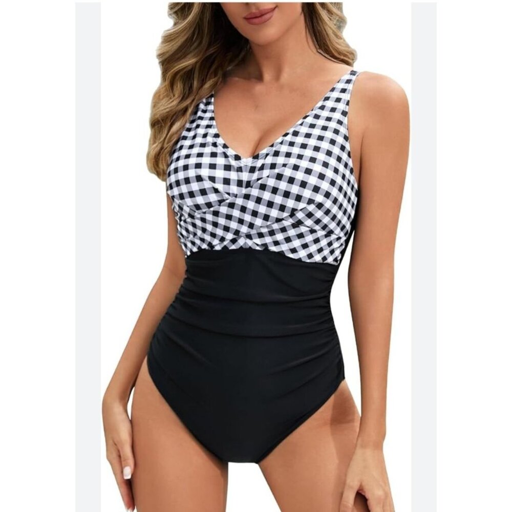 Womens Black & White Gingham Halter One-Piece Swimsuit Tummy Control Size Large